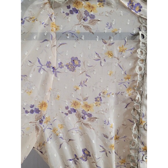 THE SHIRT ROCHELLE BEHRENS XS Sheer Beige Blue Floral Ruffle Trim Mini Dress - Picture 6 of 11